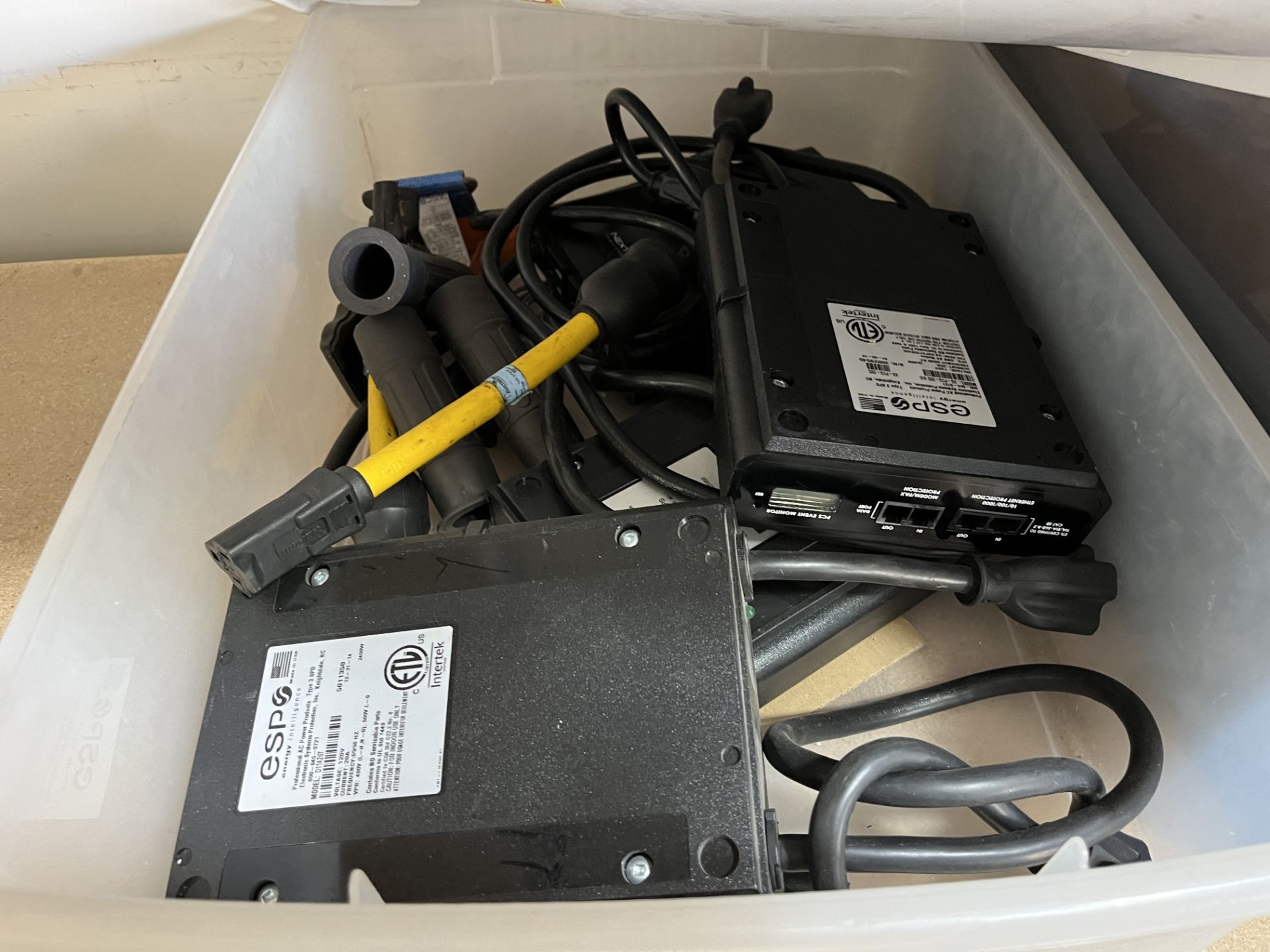 6 PLASTIC BINS OF CABLES, POWER CORDS, POWER FILTERS, ETC - Image 12 of 15