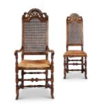 A 19th century William and Mary style gilt wood carved walnut and caned open armchair and a matching