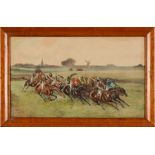 J Beer, an overpainted print of a horse race and another print