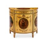 A small George III cream painted and decorated demi-lune commode