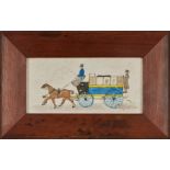A set of three framed watercolours of horse drawn carriages, passengers and riders