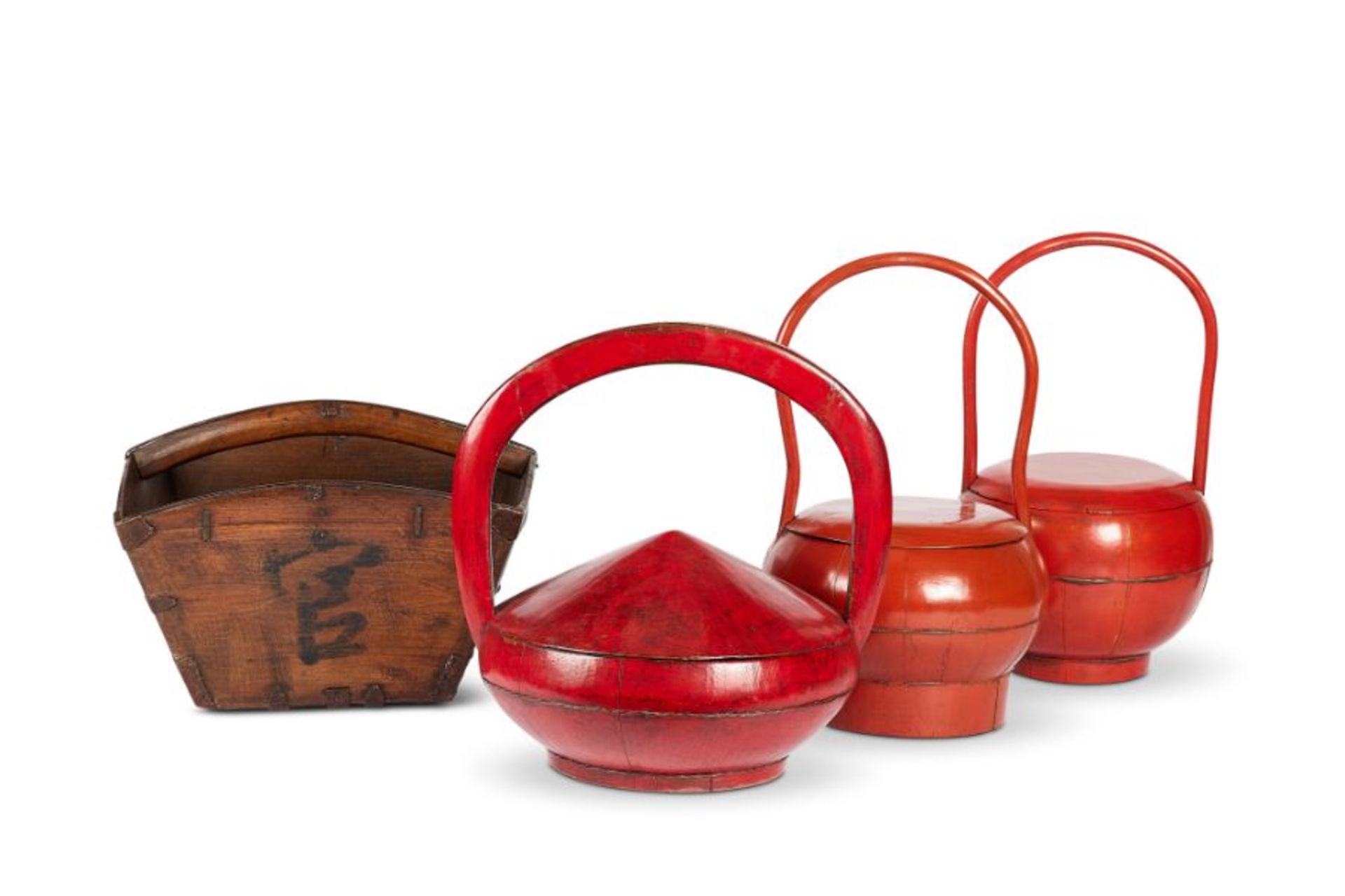 An early 20th century Chinese teak rice measure and three Chinese red lacquered rice carriers - Image 14 of 14