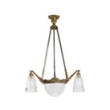 An Art Deco brass, silvered metal and opaque glass three light chandelier