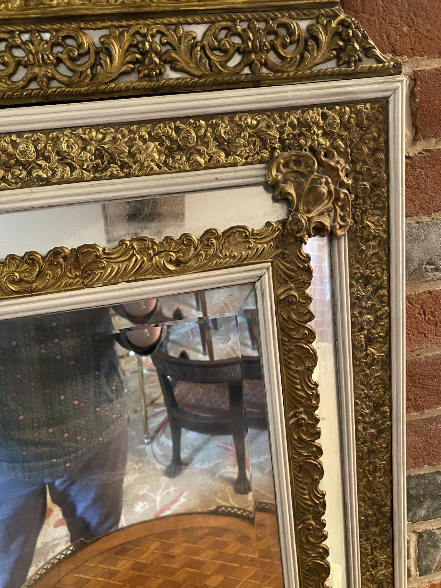 A Louis XIV style pressed gilt brass and later white painted marginal mirror - Image 4 of 12