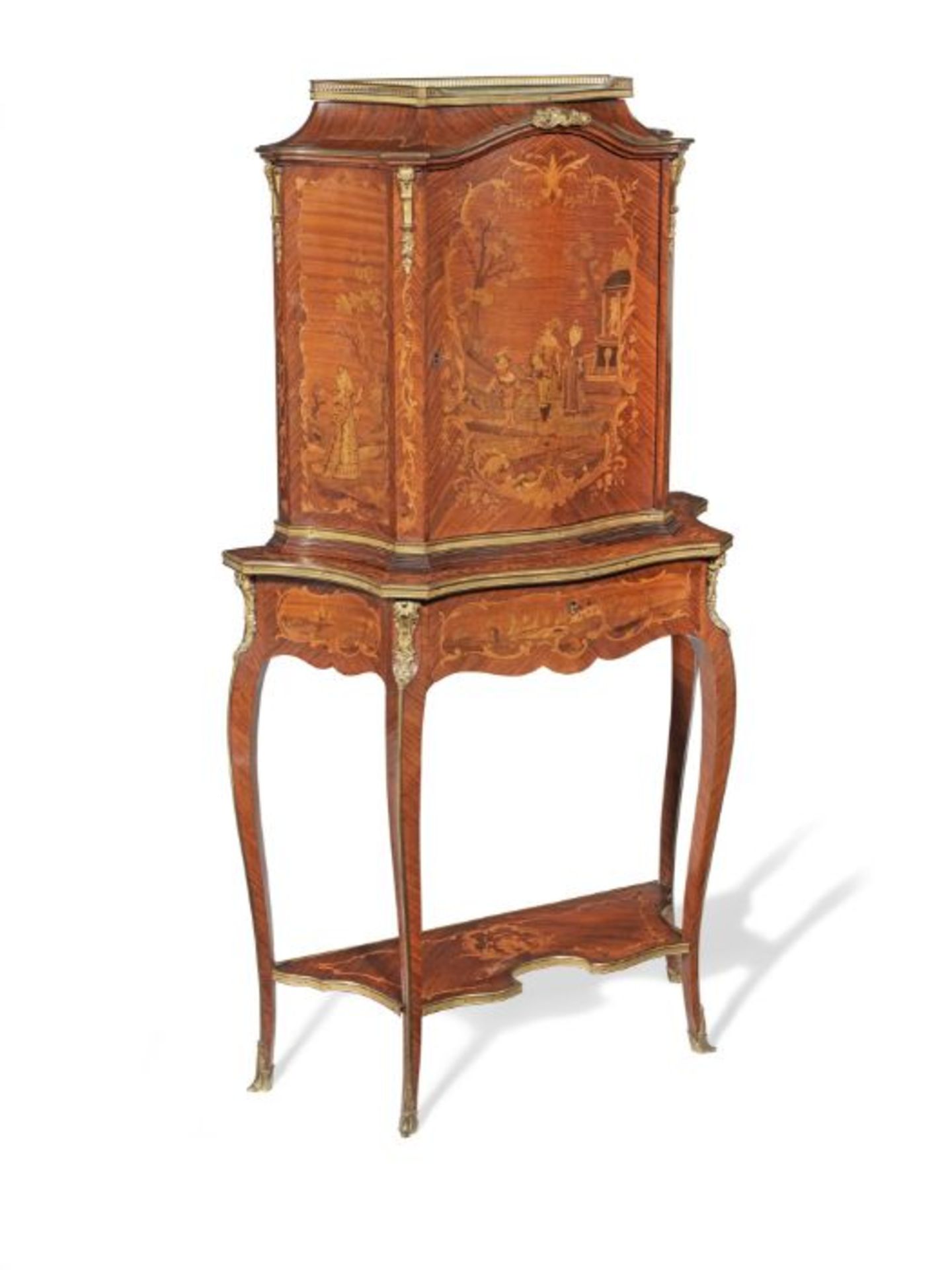 A Louis XV style rosewood, kingwood and burr walnut marquetry writing cabinet