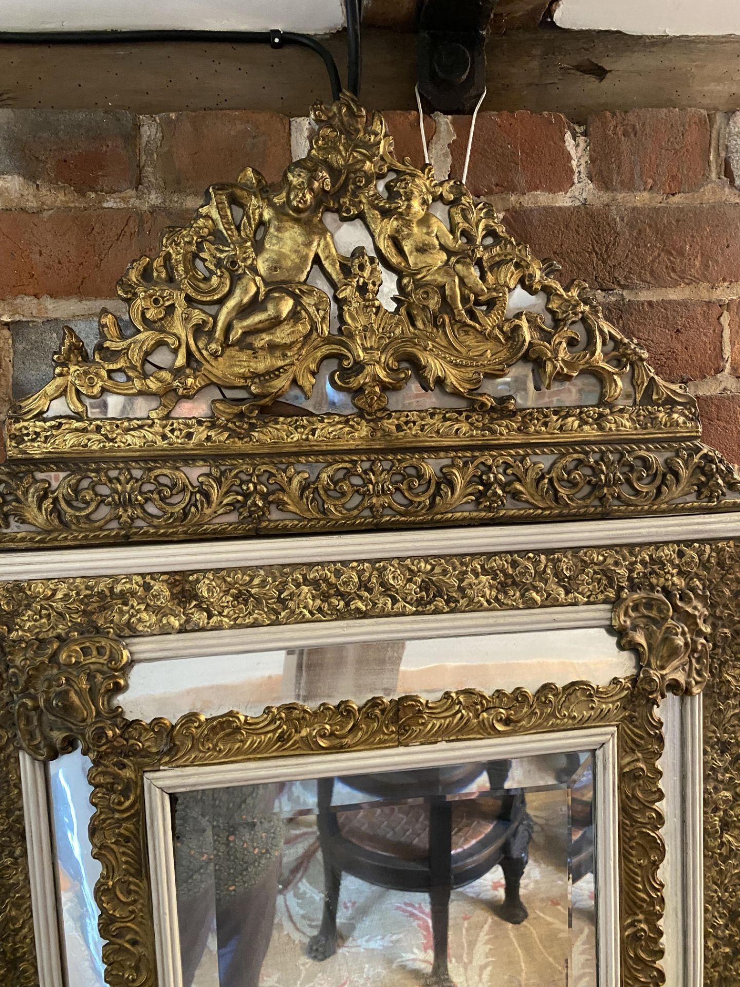 A Louis XIV style pressed gilt brass and later white painted marginal mirror - Image 2 of 12