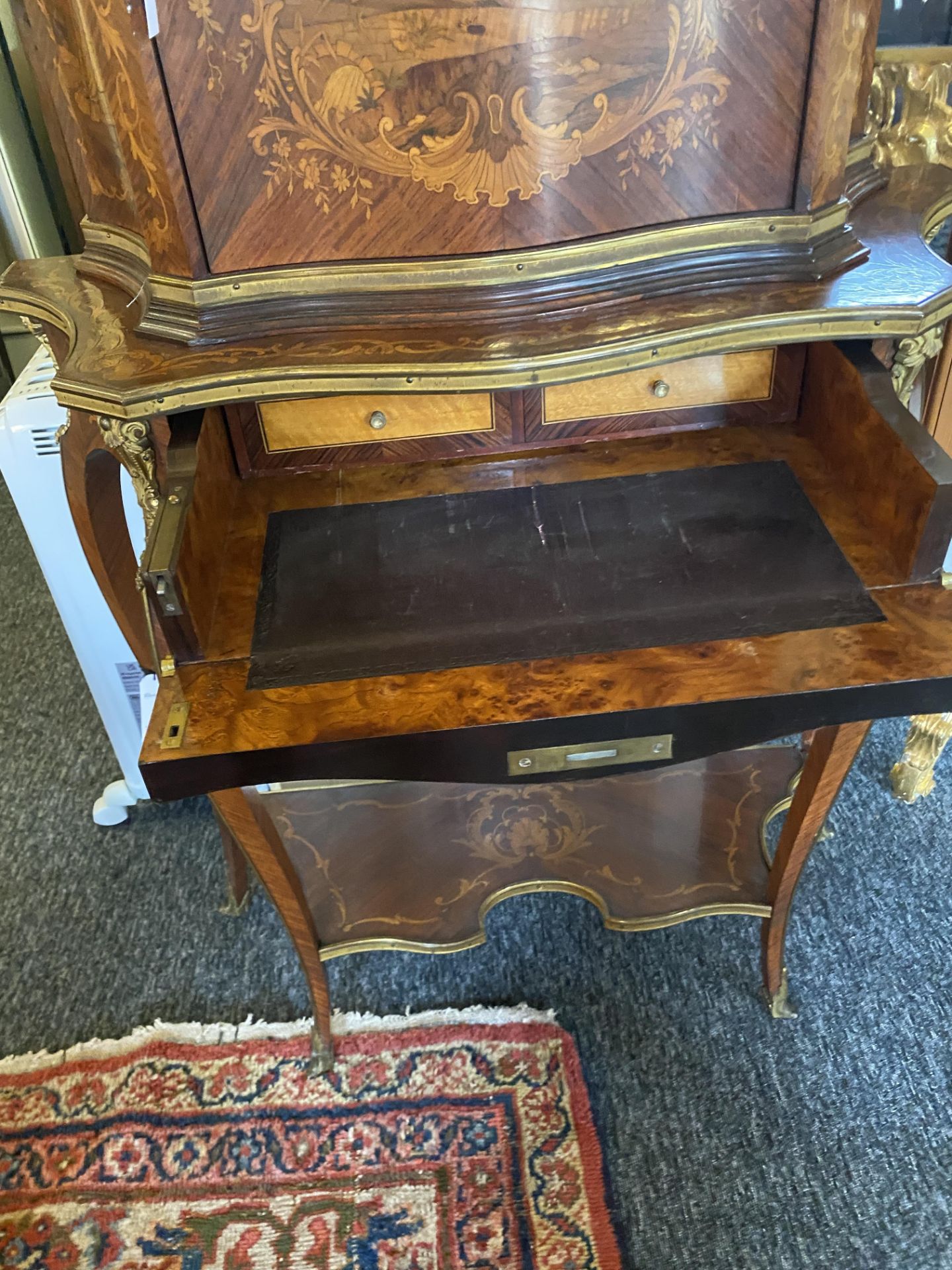 A Louis XV style rosewood, kingwood and burr walnut marquetry writing cabinet - Image 11 of 12