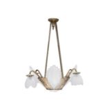 A French Art Deco gilt bronze and opaque glass four light chandelier