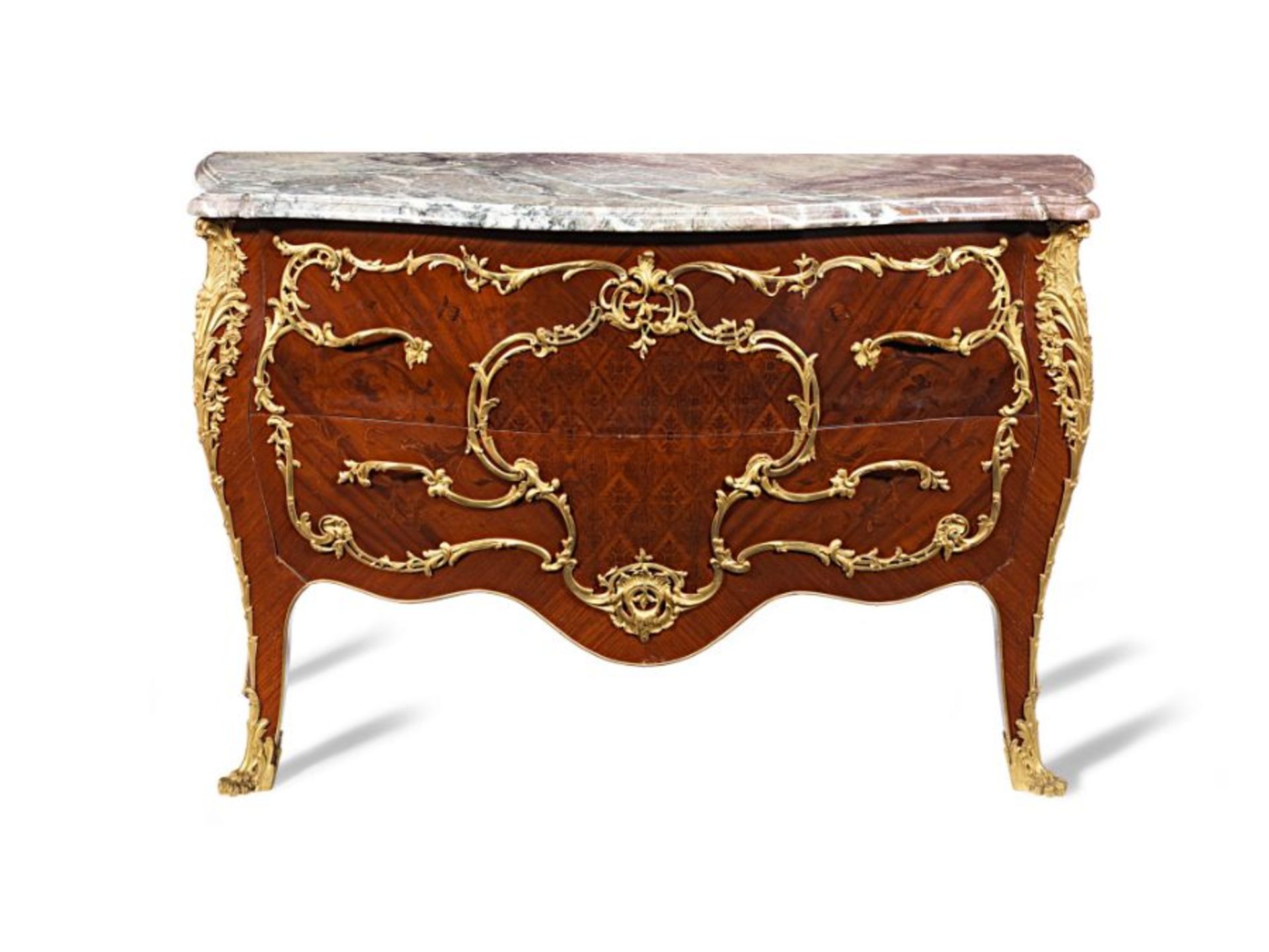 A late 19th century / early 20th century Louis XV style kingwood and marquetry commode retailed by M