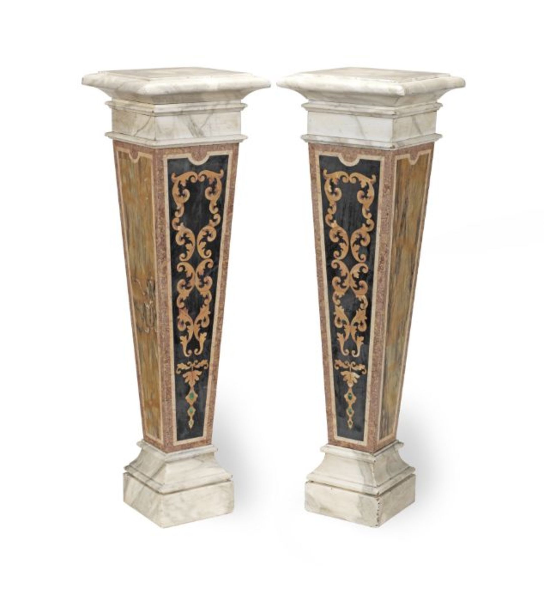 A pair of inlaid marble pedestals