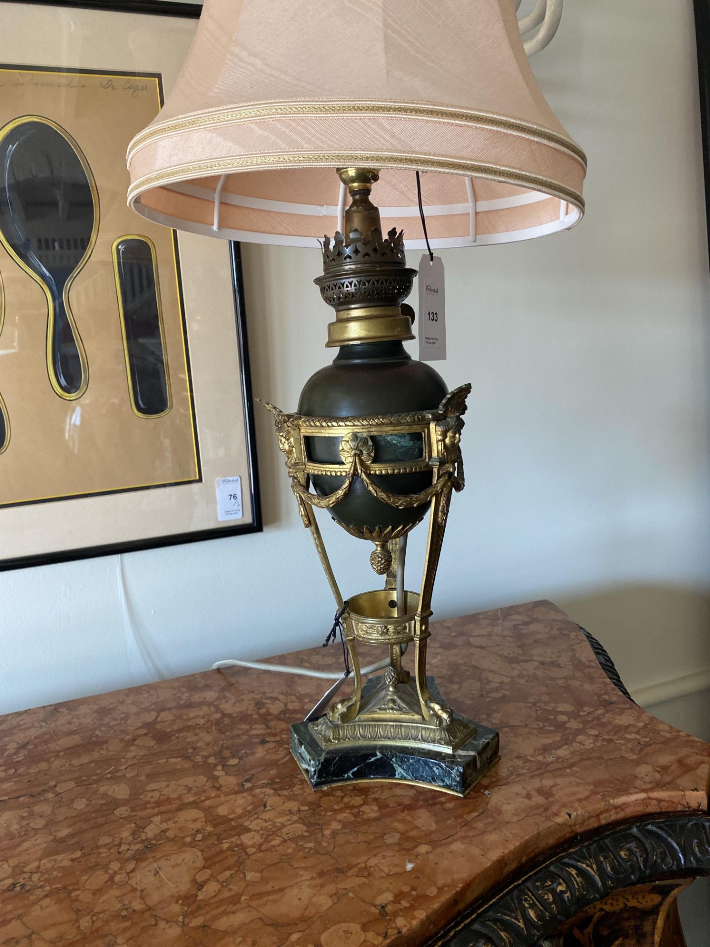 A 19th century patinated bronze and gilt bronze mounted table lamp, converted from an oil lamp - Image 9 of 10