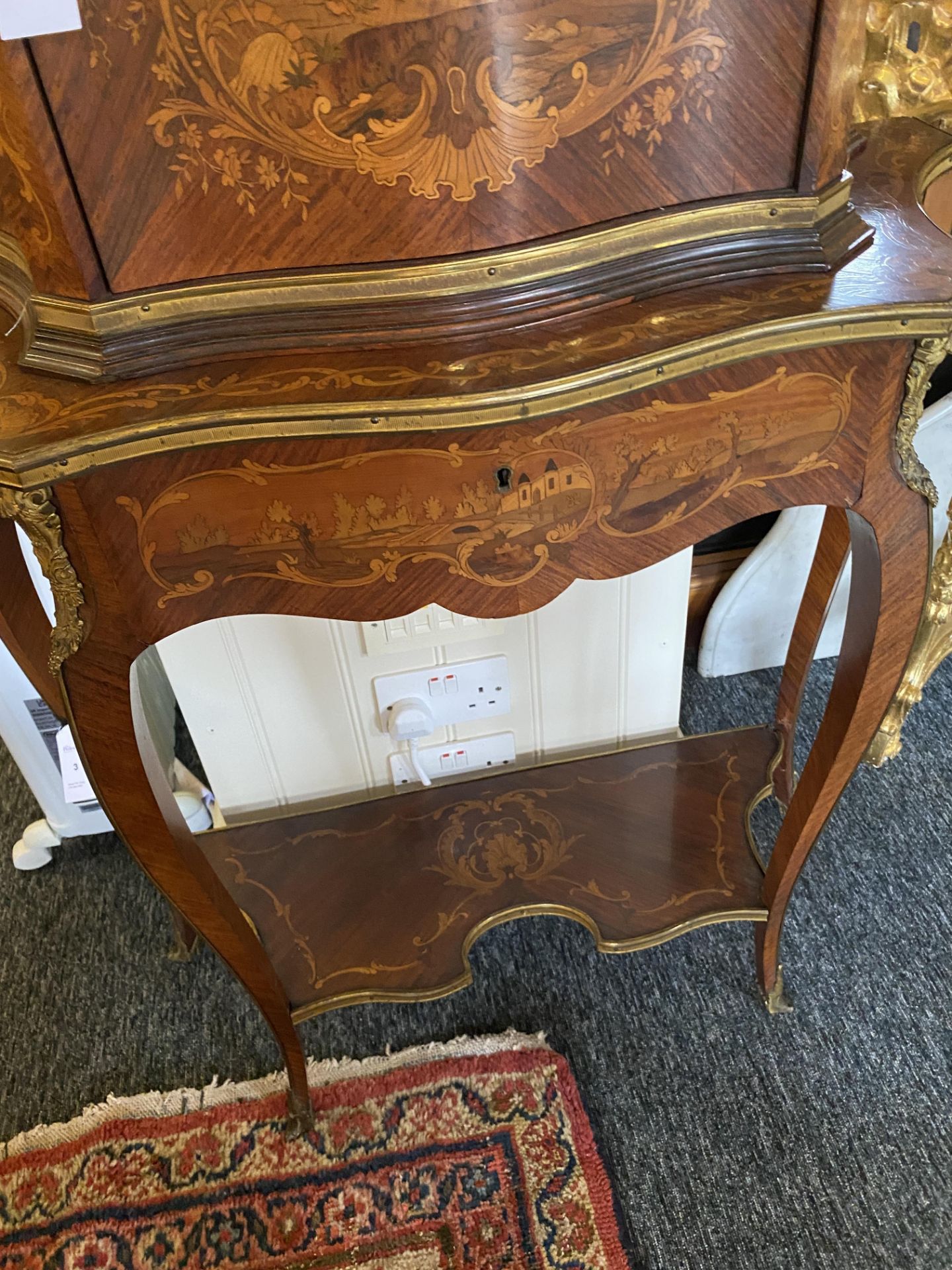 A Louis XV style rosewood, kingwood and burr walnut marquetry writing cabinet - Image 8 of 12