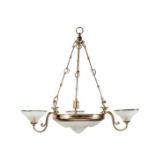 A 20th century brass and opaque moulded glass plafonnier / chandelier