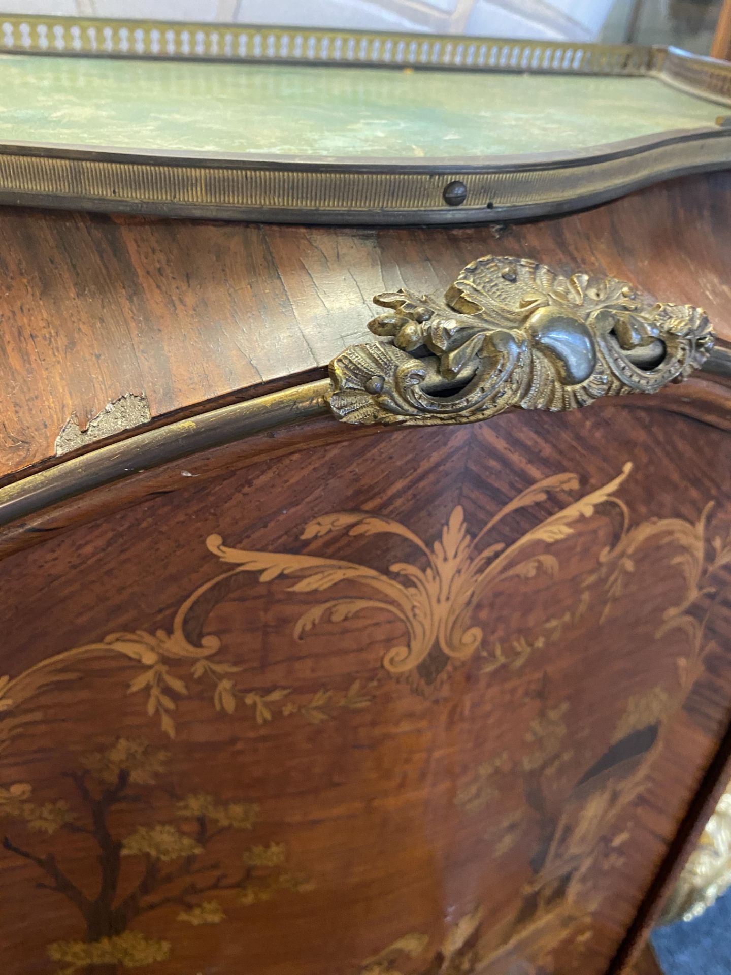 A Louis XV style rosewood, kingwood and burr walnut marquetry writing cabinet - Image 10 of 12