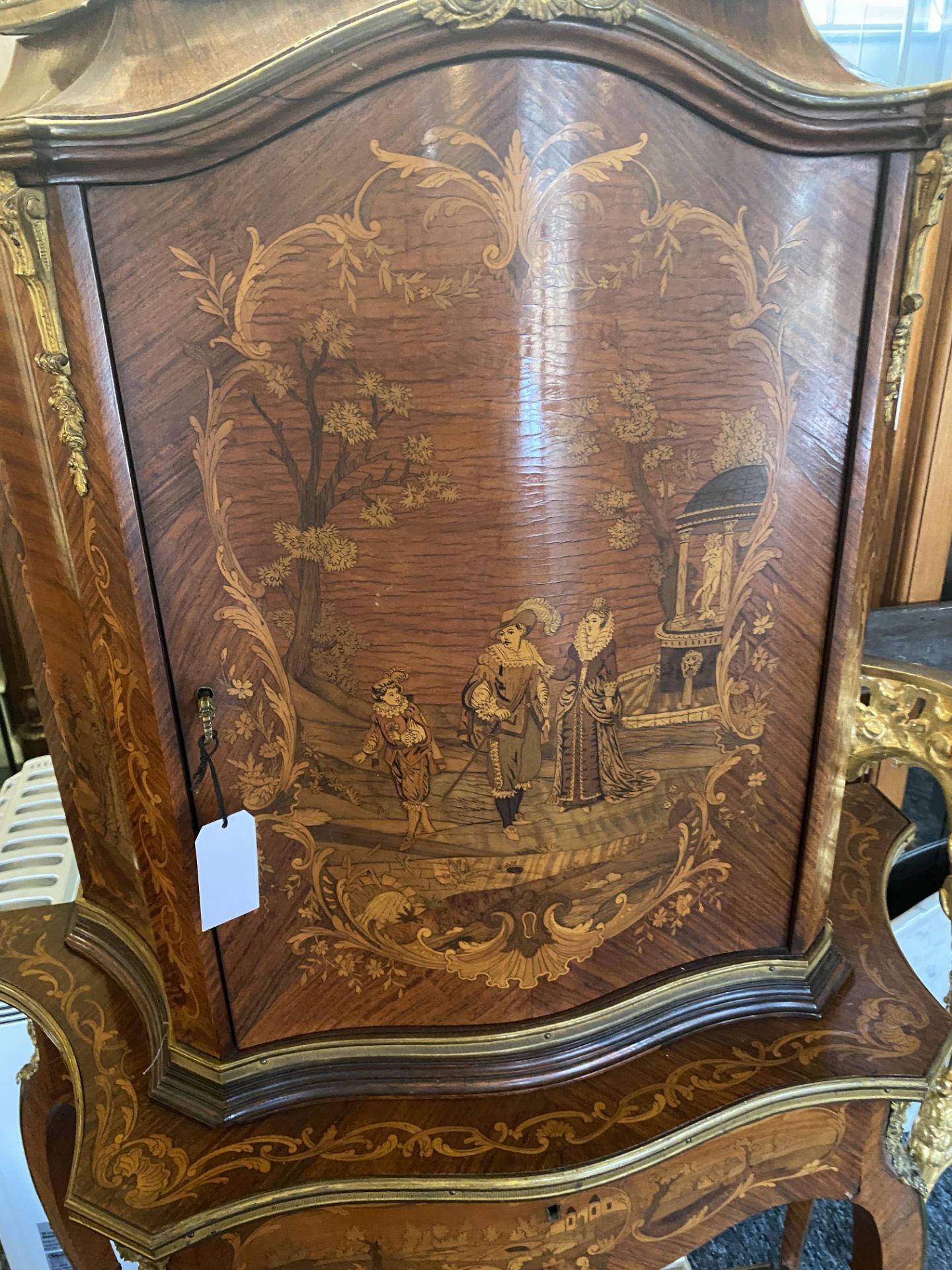 A Louis XV style rosewood, kingwood and burr walnut marquetry writing cabinet - Image 5 of 12