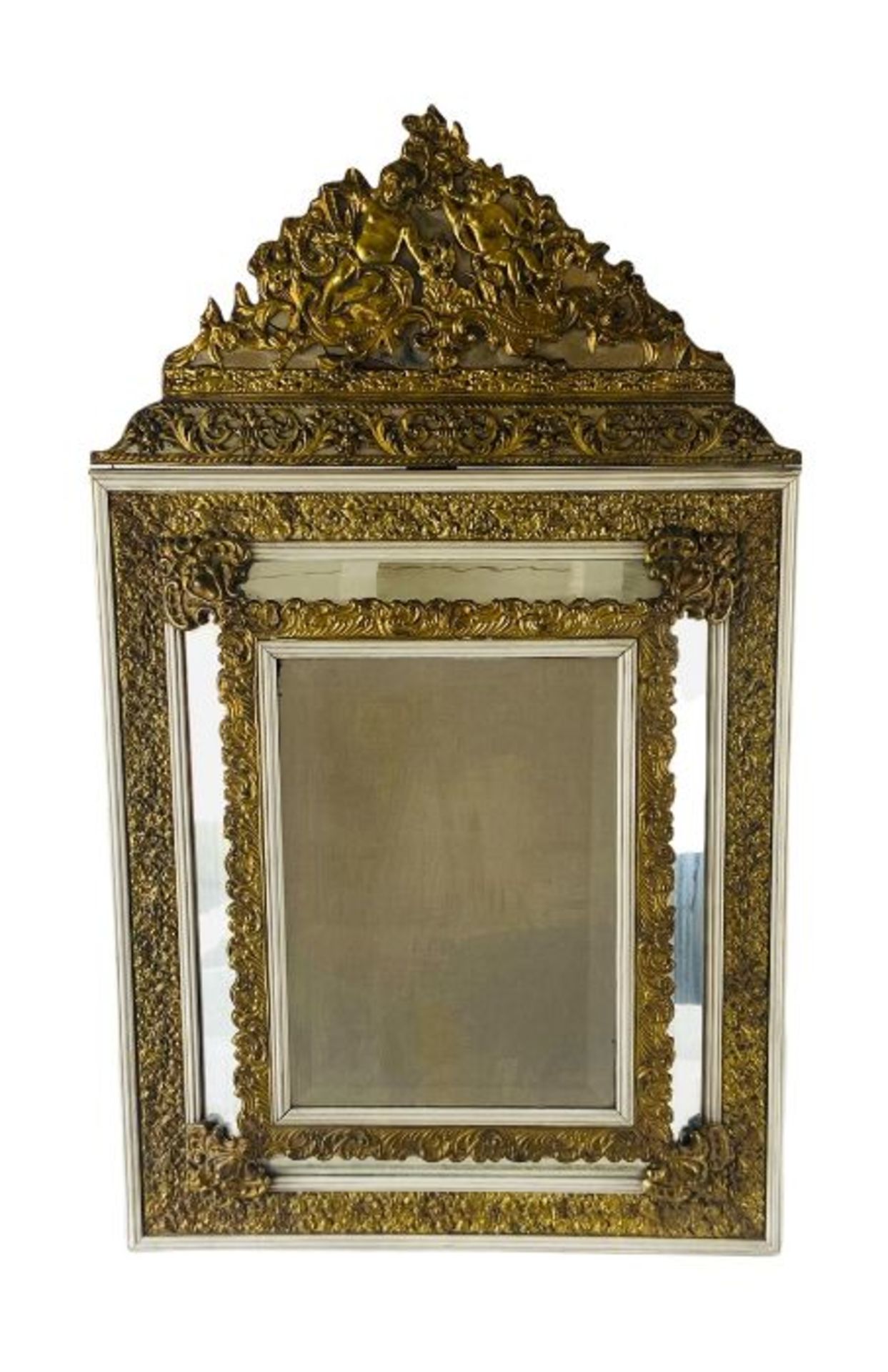 A Louis XIV style pressed gilt brass and later white painted marginal mirror - Image 9 of 12