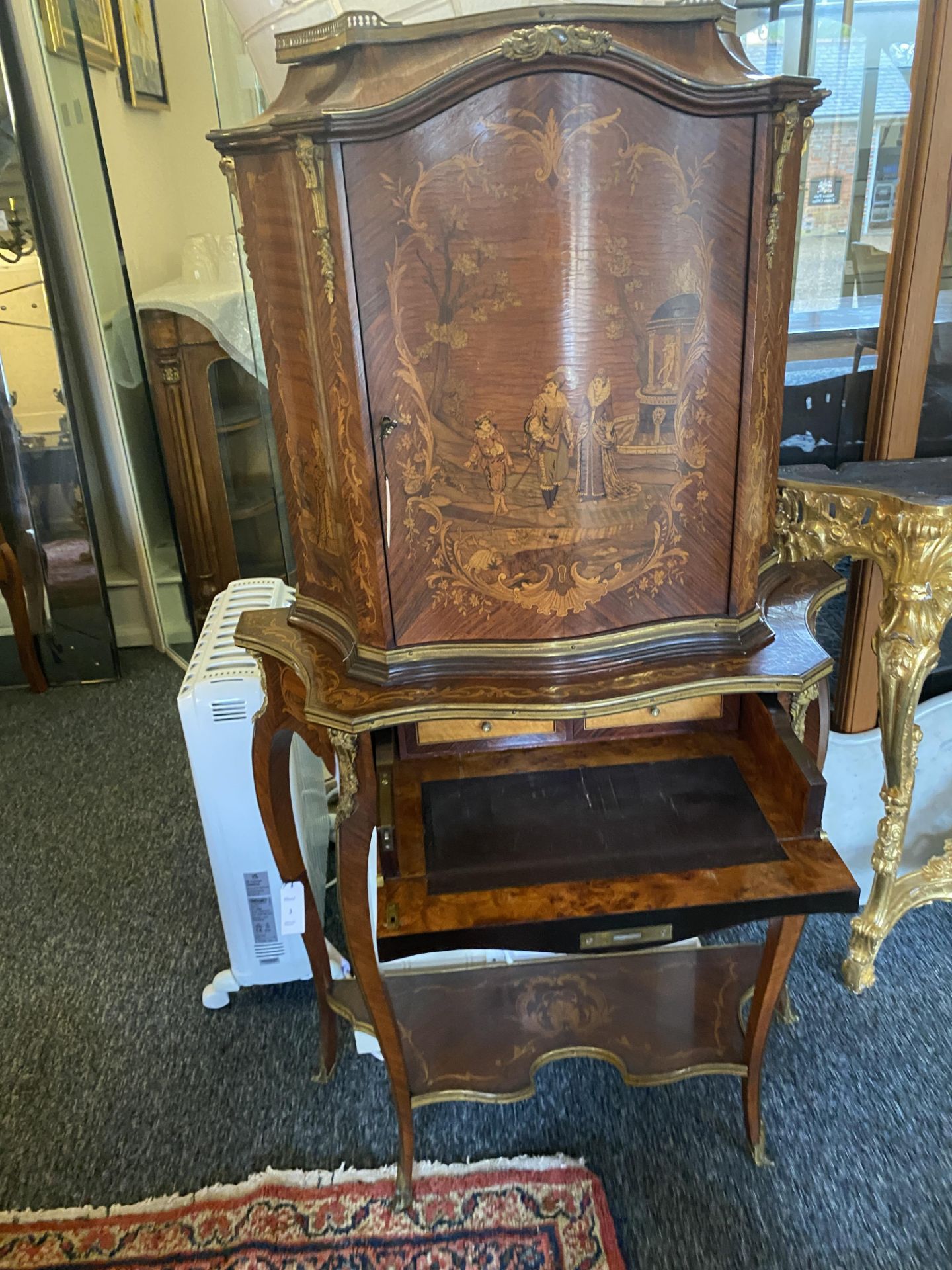 A Louis XV style rosewood, kingwood and burr walnut marquetry writing cabinet - Image 12 of 12