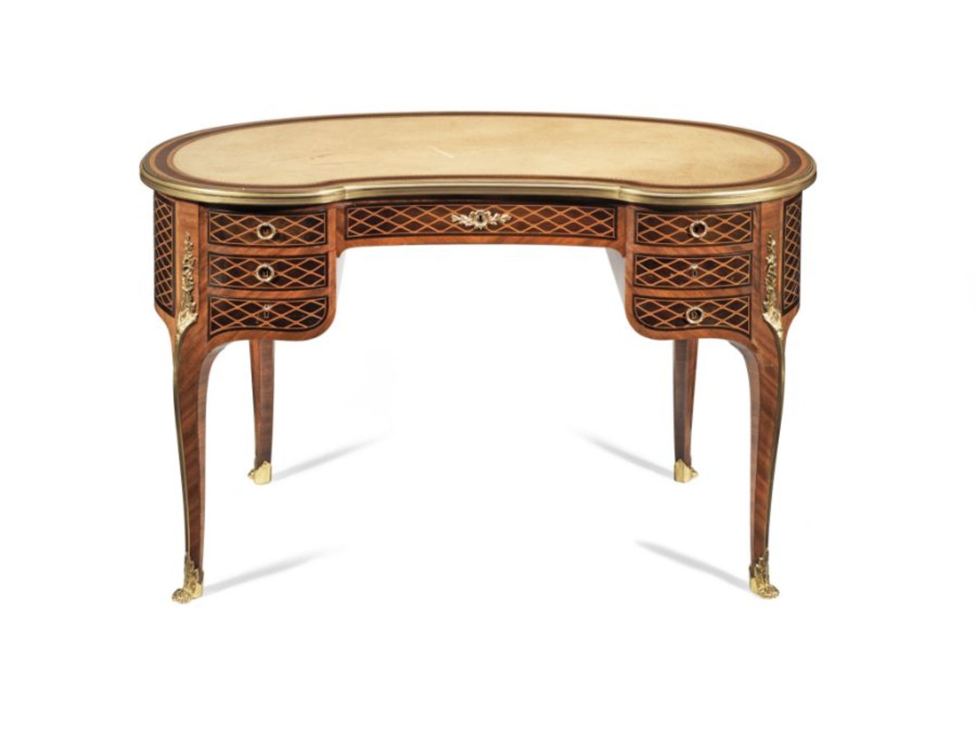 A late 19th century Louis XVI style mahogany and parquetry table à ecrire, by Paul Sormani, Paris