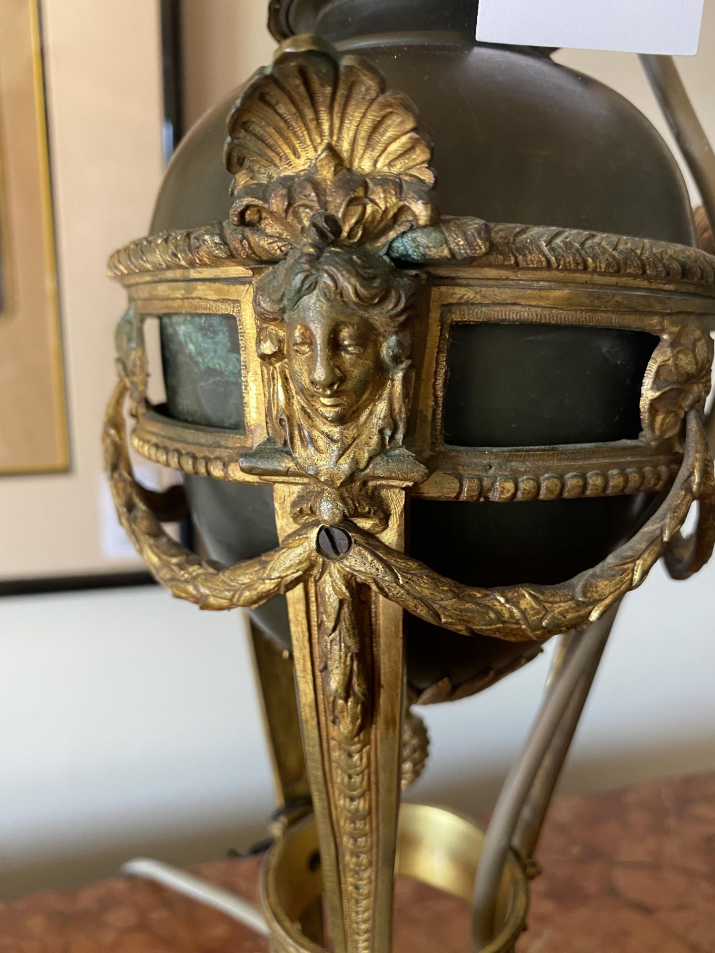 A 19th century patinated bronze and gilt bronze mounted table lamp, converted from an oil lamp - Image 7 of 10