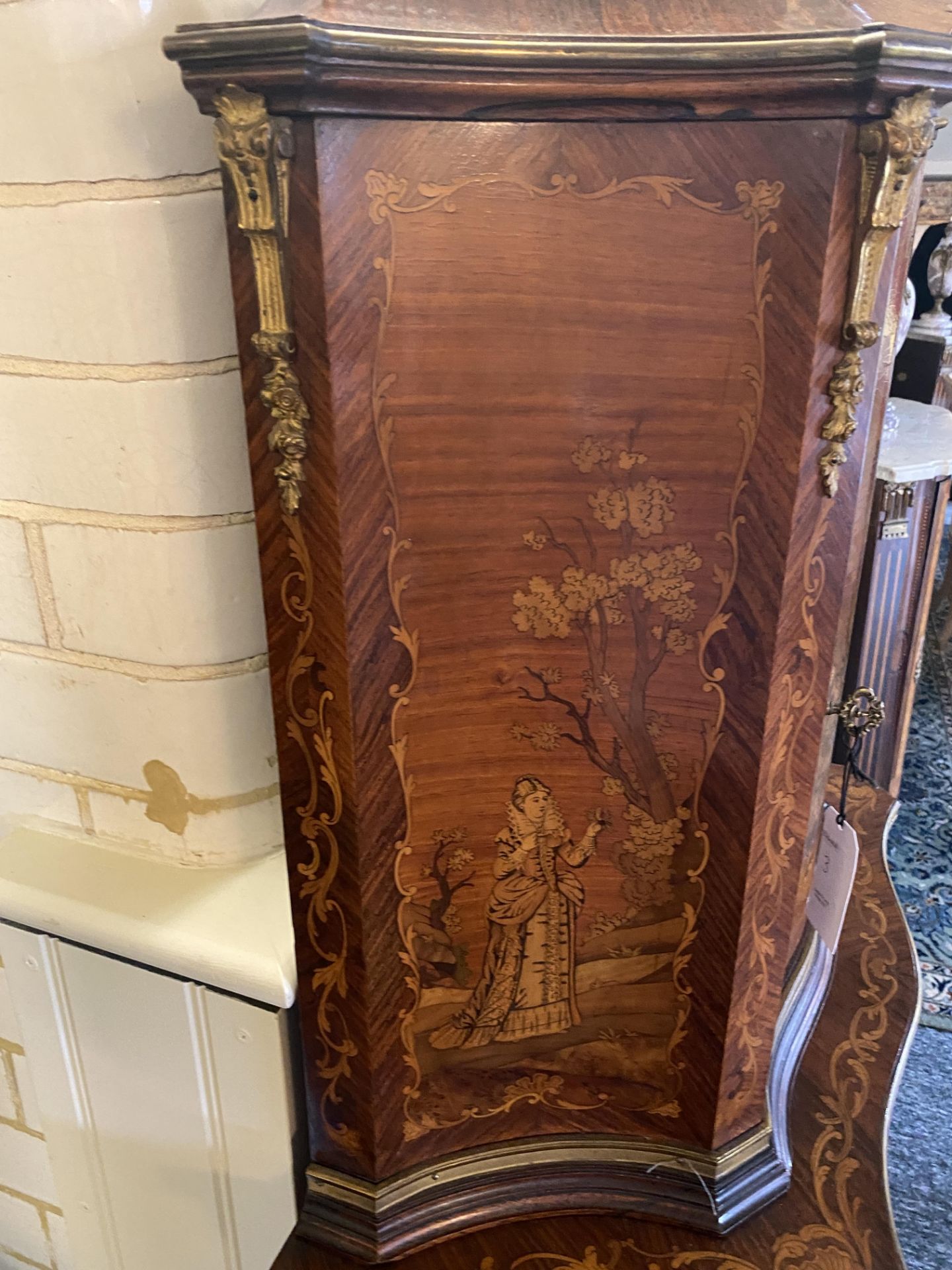 A Louis XV style rosewood, kingwood and burr walnut marquetry writing cabinet - Image 3 of 12