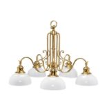 A 20th century brass five light chandelier with opaque glass shades