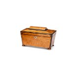 A Regency maple and ebony banded sarcophagus shaped tea caddy together with a George III marquetry t