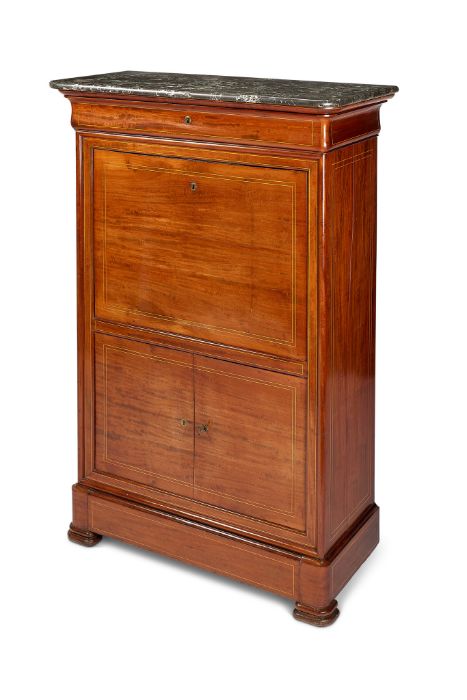 A 19th century French Charles X mahogany and sycamore line inlaid secretaire à àbattant