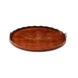 A late Victorian mahogany, sycamore and harewood marquetry twin handled oval tray