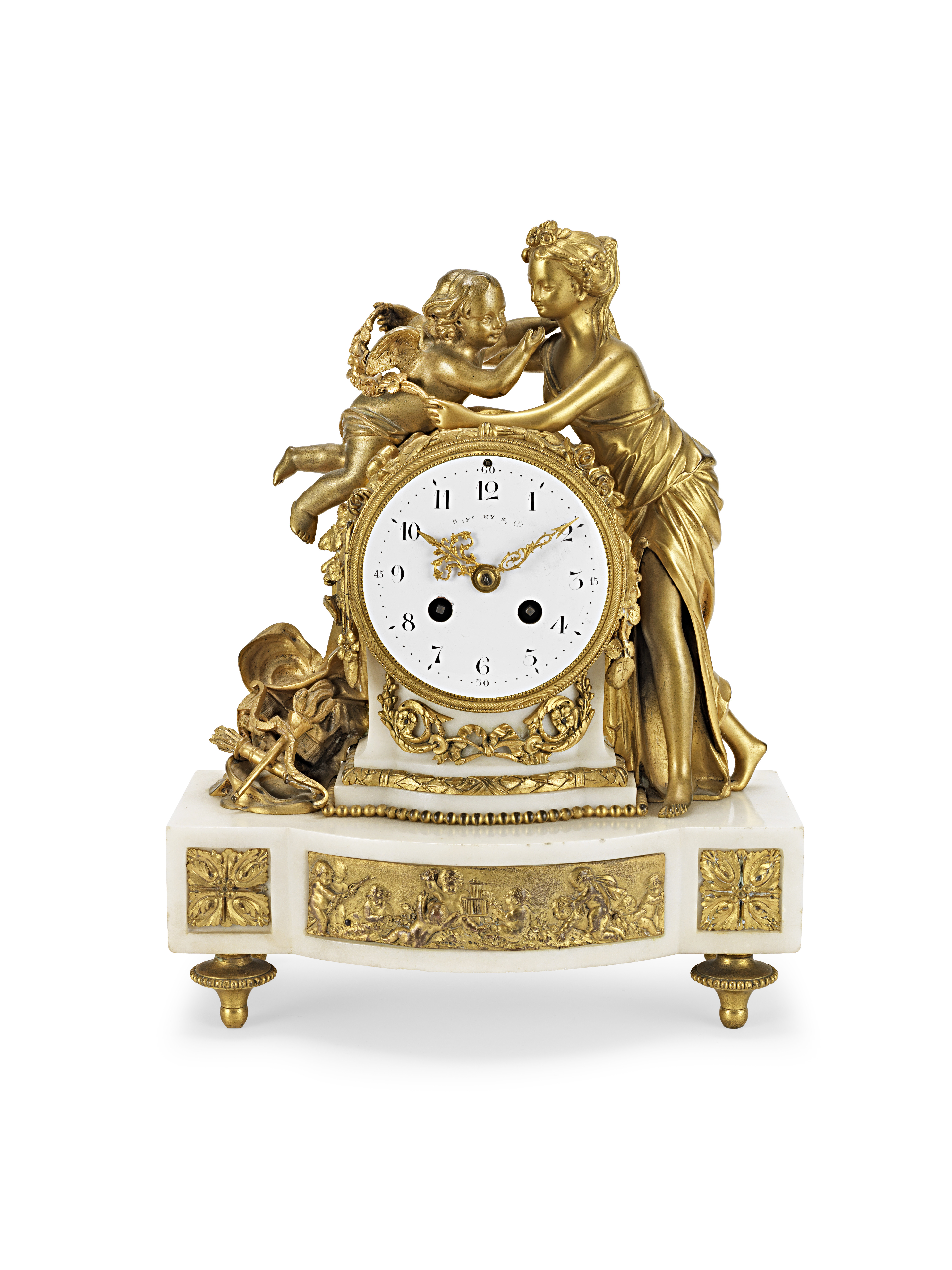 A Louis XVI style white marble mantel clock with gilt bronze mounts, the dial signed Tiffany & Co.