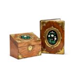 A Victorian walnut, brass bound and pietra dura mounted stationery box and a blotter by Edmonds of B