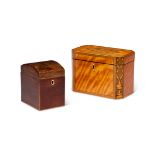 A George III satinwood and sycamore marquetry tea caddy together with a small early 19th century par