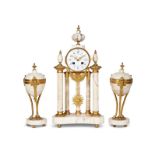 A late 19th century French white marble and gilt bronze mounted portico clock garniture