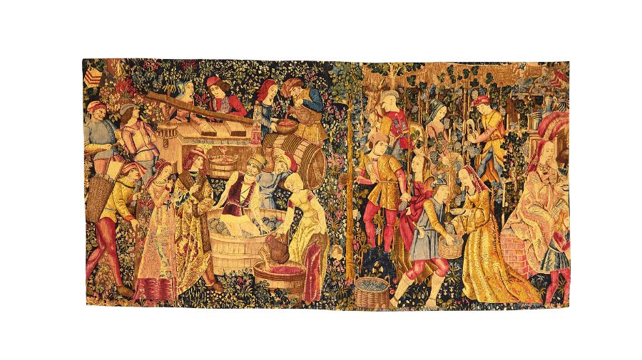 A printed textile copy of the medieval Flemish Grapes Harvest (Les Vendages) tapestry