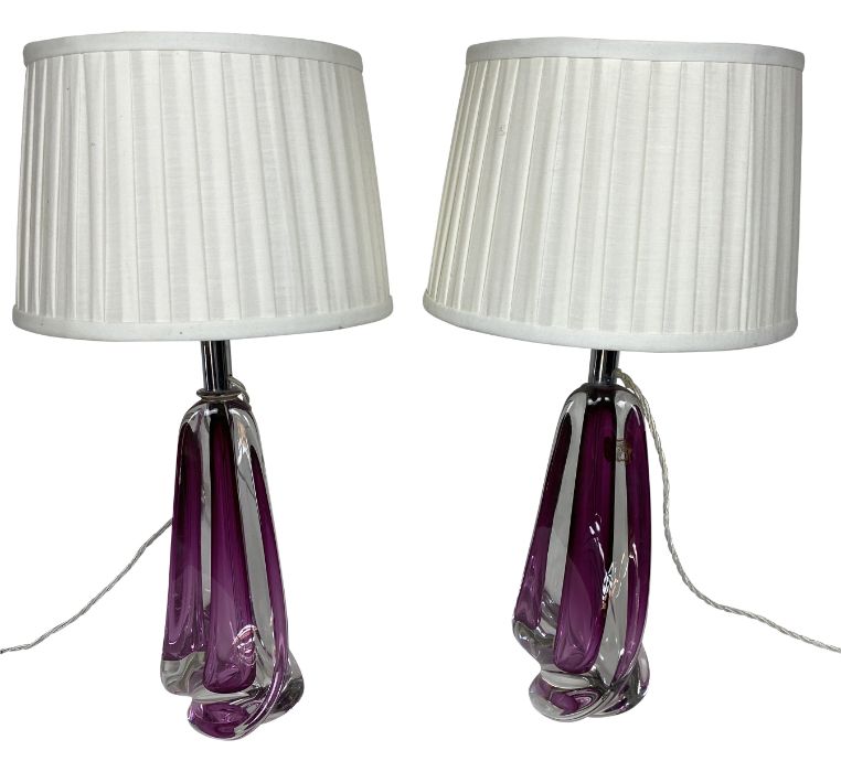 A pair of purple and white glass table lamps by Val St Lambert