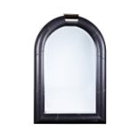 A contemporary chrome and grey painted arched mirror