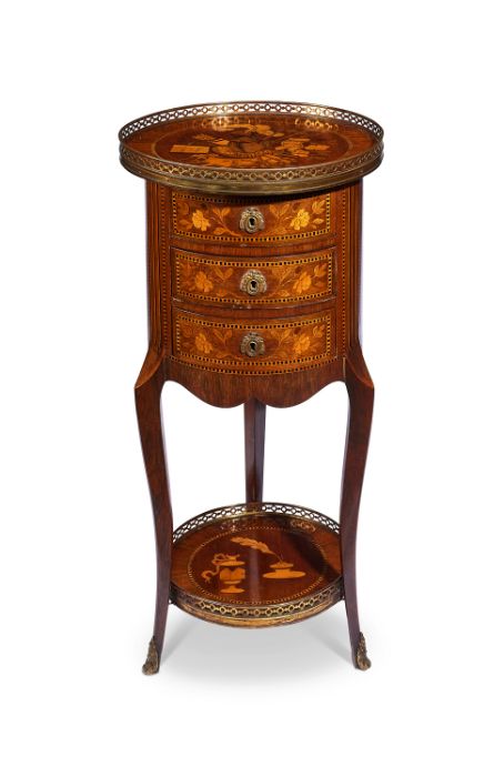 A late 19th century French walnut, kingwood and sycamore table en chiffonière