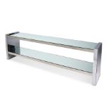 A low contemporary chrome and mirrored console table