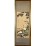 A large 20th century gilt framed Chinese pen and watercolour on silk of a pair of cranes