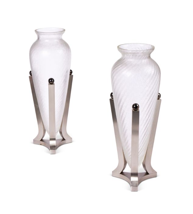 A large close pair of contemporary Art Deco style brushed steel and frosted glass vases