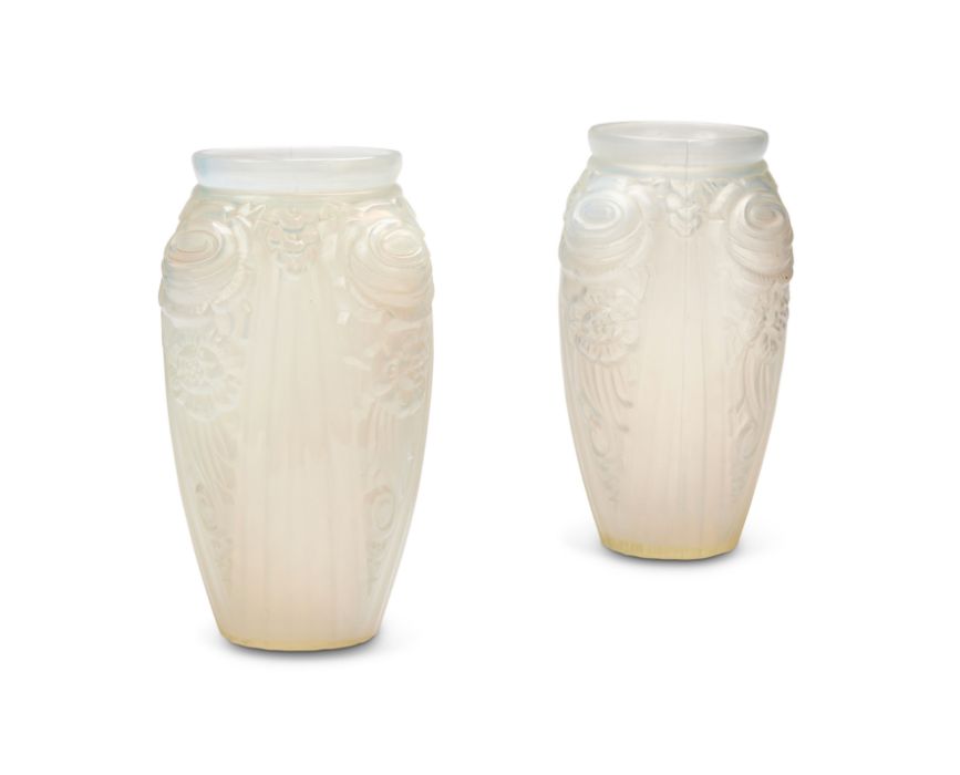 A pair of French Art Deco moulded opalescent glass vases, possibly by Sabina