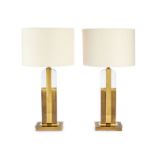 A pair of vintage antiqued brass, gilt brass and perspex table lamps