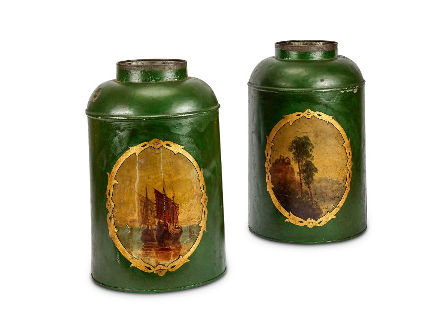 A pair of large 19th century tôle green painted tea canisters