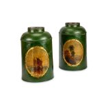 A pair of large 19th century tôle green painted tea canisters