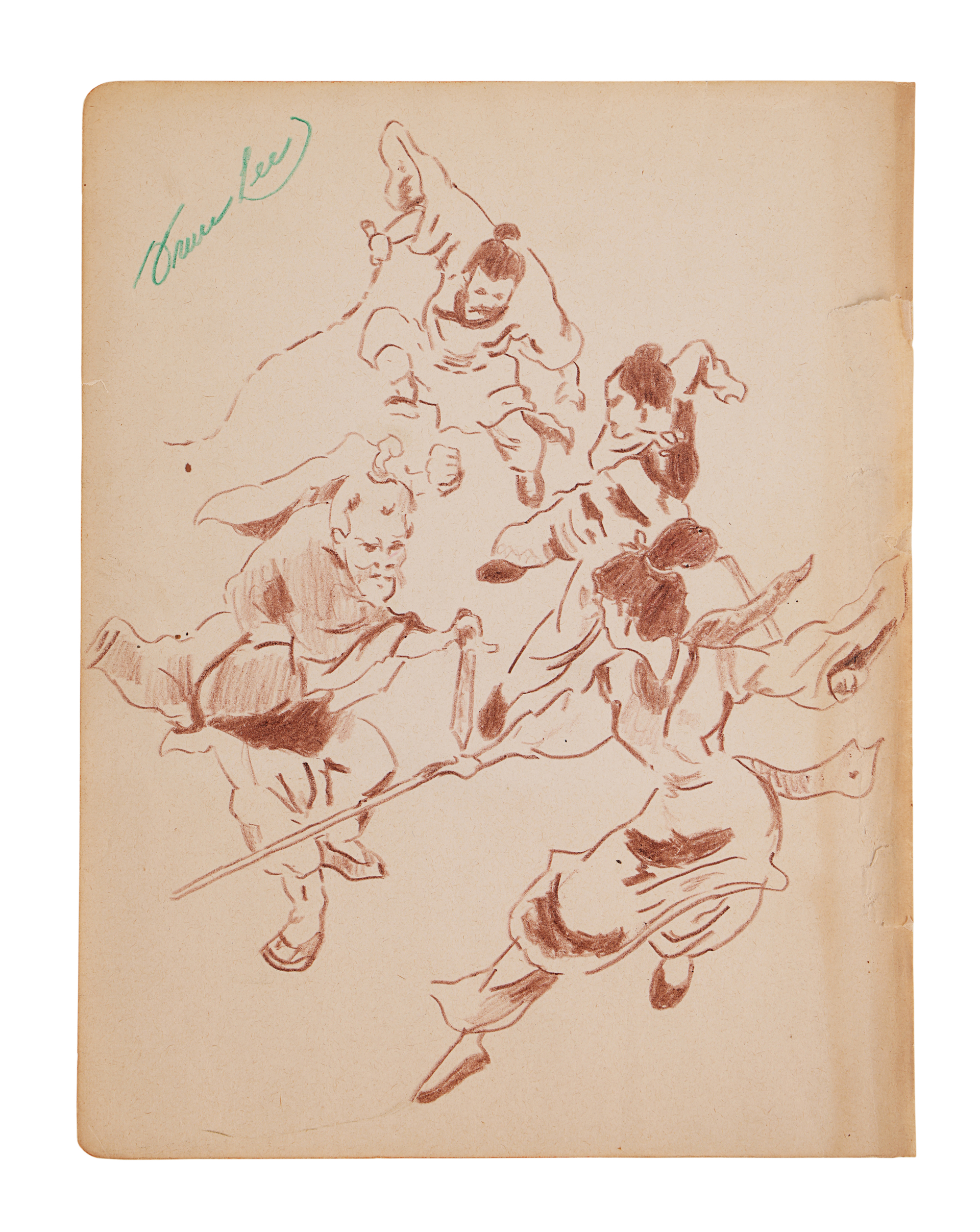 BRUCE LEE - Bruce Lee's Hand-Drawn and Signed Flying Kung Fu Warriors Illustration