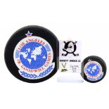 D2: THE MIGHTY DUCKS 2 - Pair of Junior Goodwill Games Hockey Pucks with I.D. Badge