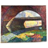 A mid century oil on canvas, depicting industrial bridge and river, initialled P, 40 by 50cm.