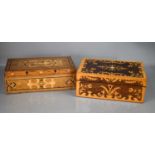Two 19th century work boxes, one marquetry and rosewood example, the other in oak.