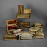A large group of bone inlaid parquetry boxes, including a musical example.