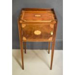 A 19th century mahogany marquetry inlaid pot cuboard, with single door and square tapered legs.