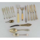 Four silver handled knives together with two silver spoons, mother of pearl handled cake knives,